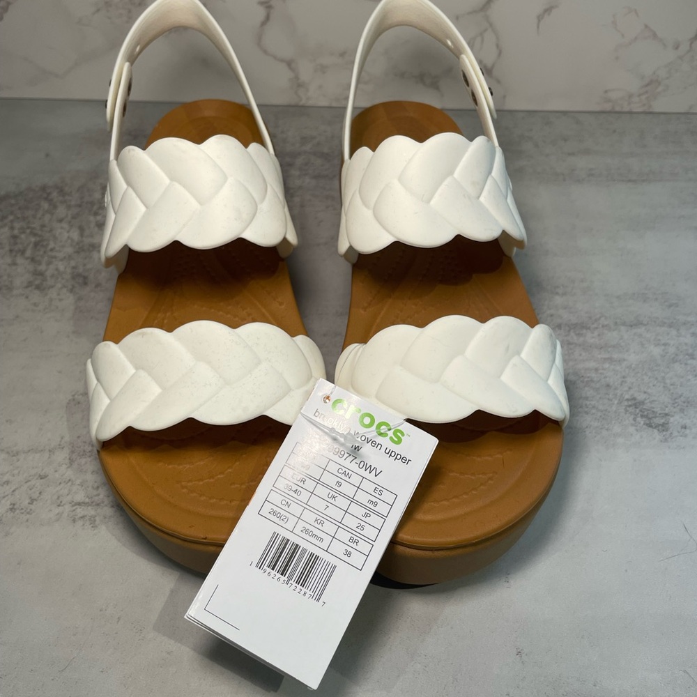 CROCS White Braided Sandals with Tan Sole